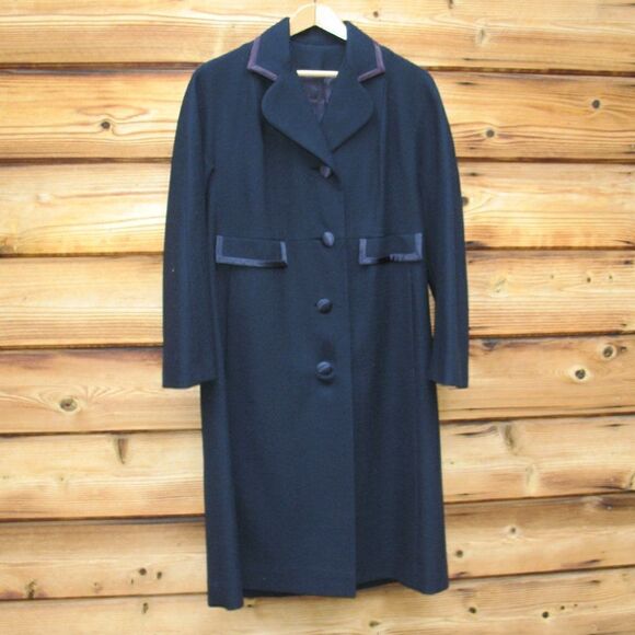 Vintage 60's Navy Blue Satin Trim Wool Coat - Picture 1 of 9